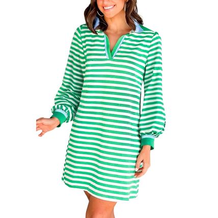 Green Striped Contrast Collar Split Neck Long Sleeve Mini Dress