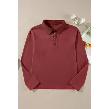 Red Dahlia Solid Color Long Sleeve Thermal Knit Polo Collar Patchwork Top