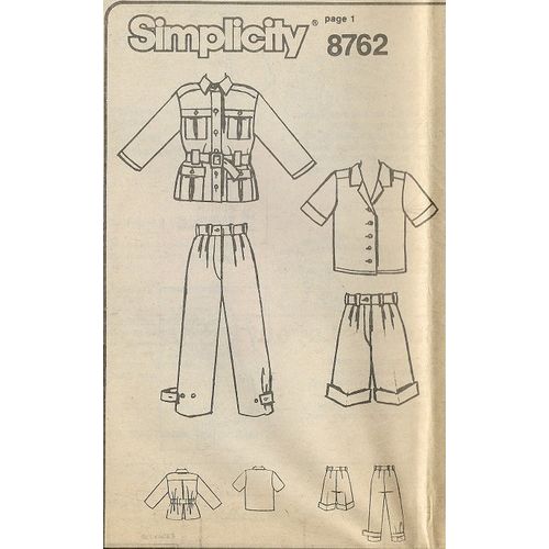 Simplicity 8762 Sewing Pattern Girls Safari Pants Shorts Shirt Jacket Size 10