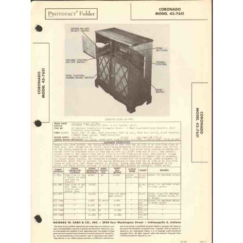 CORONADO model 43-7651 AM SW radio phonograph Sams Photofact manual