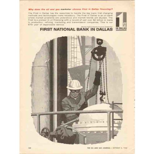 FIRST NATIONAL BANK DALLAS 1962 oil gas marketer financing vintage ad