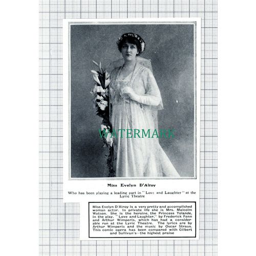 C5995) Miss Evelyn D'Alroy Mrs Malcolm Watson Actress - 1913 Cutting