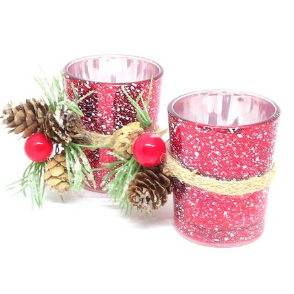 Christmas Red Glass Tea Light Holders with Winter Berry & Cone Decoration 6.5 CM