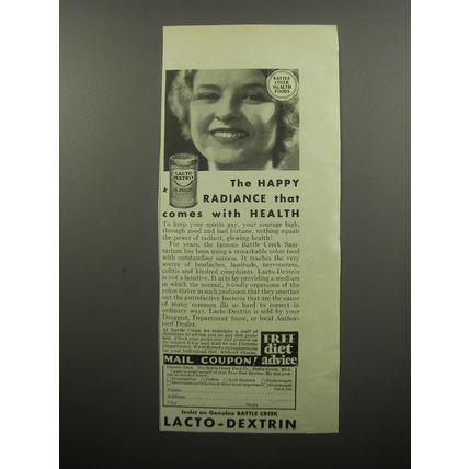 1932 Battle Creek Food Lacto-Dextrin Ad - The happy radiance that comes with