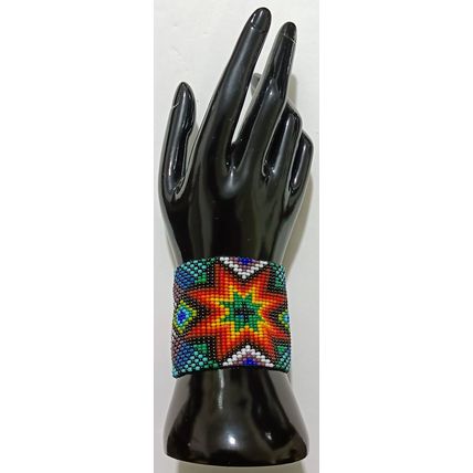 Traditional Huichol Art. Mexico Glass Seed Beads Bracelet. Vibrant Stars 3