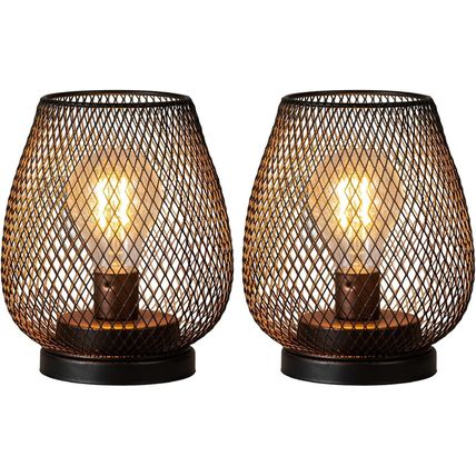 DECORKEY Set of 2 Battery Operated Lamp LED Table Lantern, Brown Metal Cage Cord
