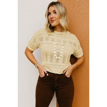 Beige Knitted Hollow out Short Sleeve Crop Sweater