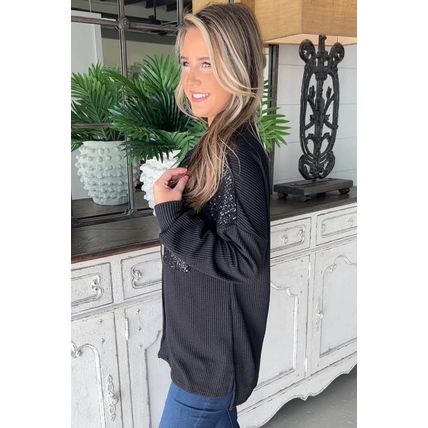 Black Sequin Patch Chest Pocket Corded Shacket