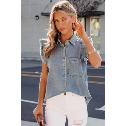 Beau Blue Frayed Ruffle Sleeve Denim Shirt