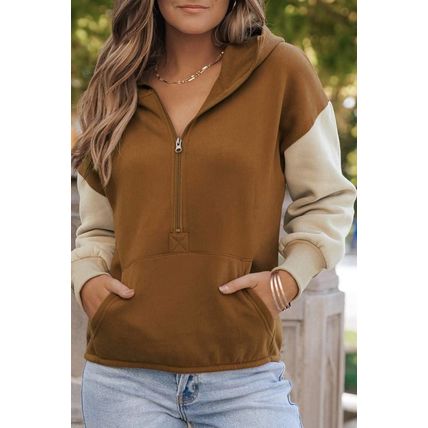 Chestnut Color Block Half Zip Kangaroo Pocketed Hoodie
