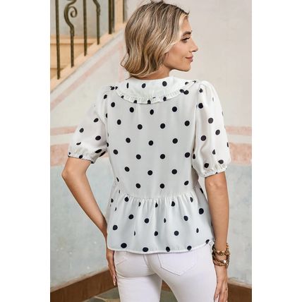 White Polka Dot Collared Lace up Font Puff Sleeve Peplum Top