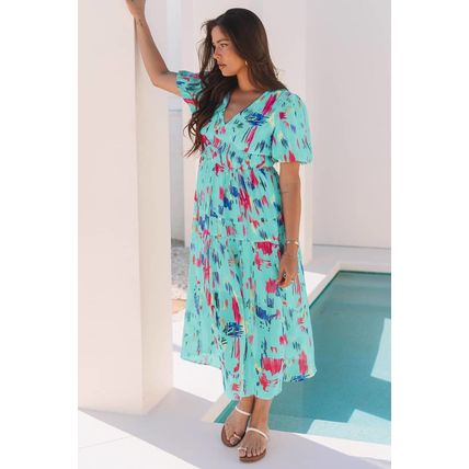 Sky Blue Abstract Print Short Puff Sleeve Tiered Maxi Dress