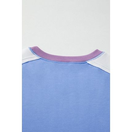 Blue Exposed Seam Colorblock Patchwork Ribbed Trim Pullover Sweatshirt