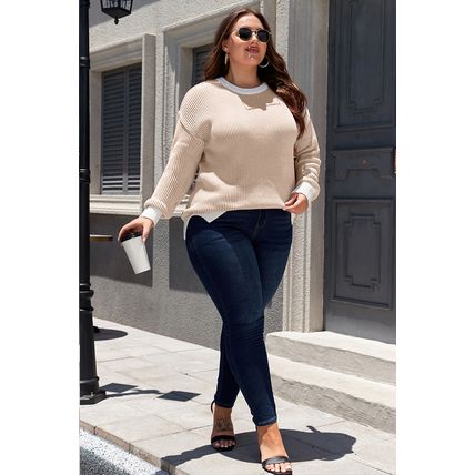 Brown Stripe Plus Size Contrast Trim Crew Neck Rib Knit Drop Shoulder Sweater