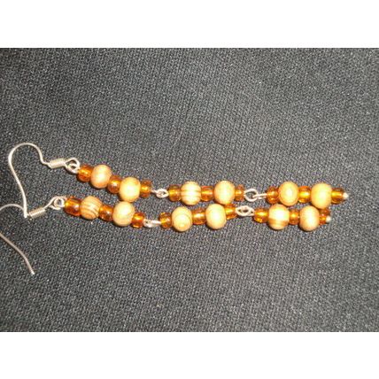 Handmade 80mm 3 section orange glass & wood earrings different NEW