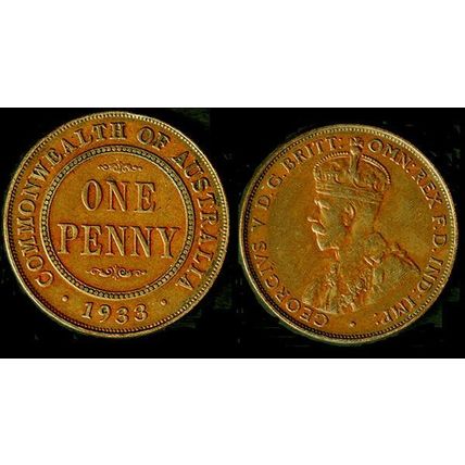 Australia One Penny 1933 Used Coin 1d Geo V