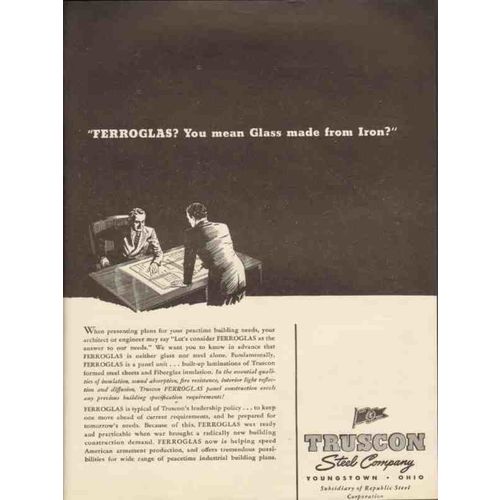 TRUSCON STEEL COMPANY 1943 Ferroglas glass made from iron vintage ad