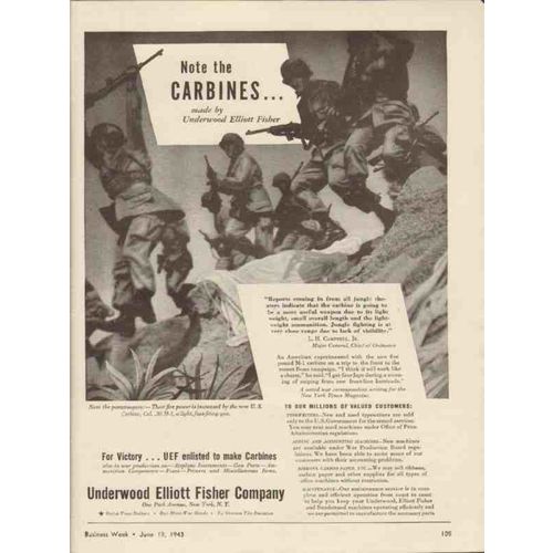 UNDERWOOD ELLIOTT FISHER CO 1943 note carbines for Victory vintage ad