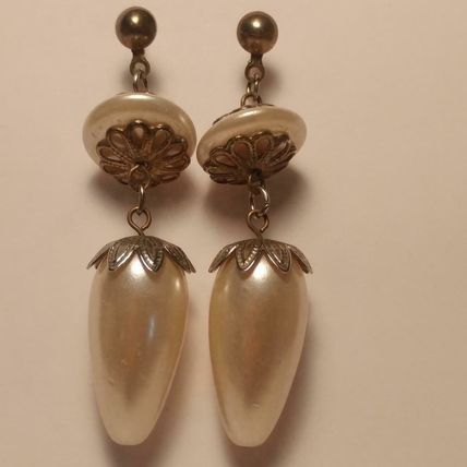 Pearl Earrings Vintage Faux Pearl Drop Earrings Filigree Cap Pierced 2-1/2"