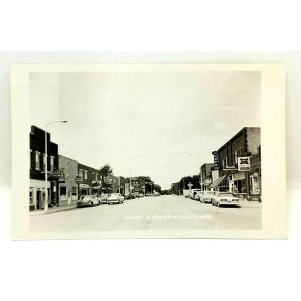 1960 RPPC Real Photo Main Street Isle Minnesota Maytag Johnson GE Cars (A8)