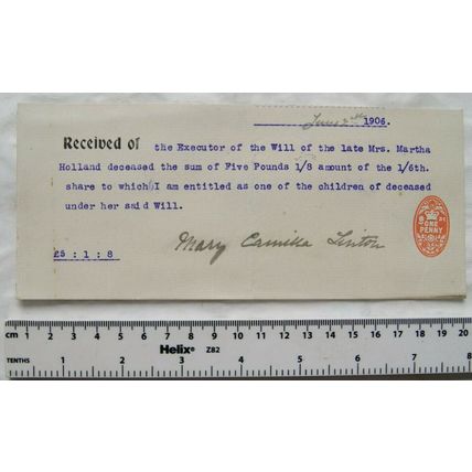 1906 receipt revenue signed Mary Camilla Linton re estate Martha Holland