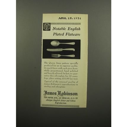 1951 James Robinson Queen Anne Silverware Ad - Notable English Plated Flatware