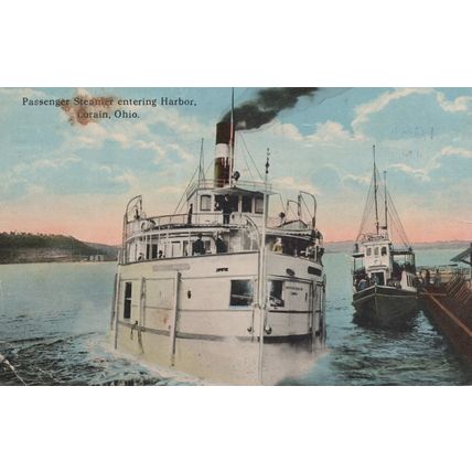 ZAYIX Postcard Great Lakes Ship Passenger Steamer Entering Harbor Lorain, OH