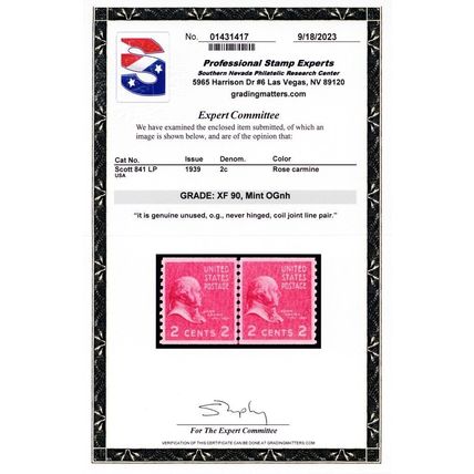 841, Mint XF NH 2¢ Coil Line Pair With Graded 90 PSE Certificate Stuart Katz