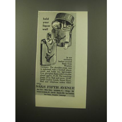 1959 Saks Fifth Avenue Leather Flasks Advertisement - Hold your liquor well