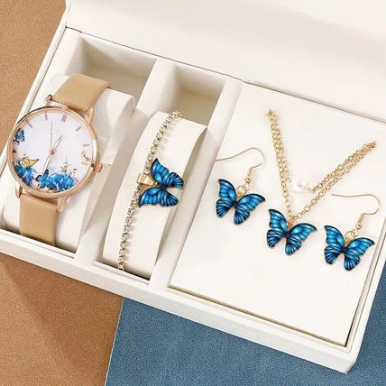 Women's Watch Butterfly Fashion Casual Analog Wrist Watch & 4pcs Jewelry Set