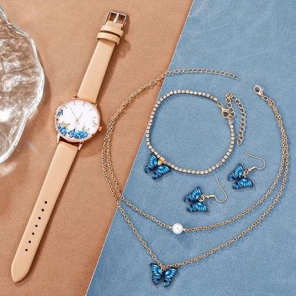 Women's Watch Butterfly Fashion Casual Analog Wrist Watch & 4pcs Jewelry Set