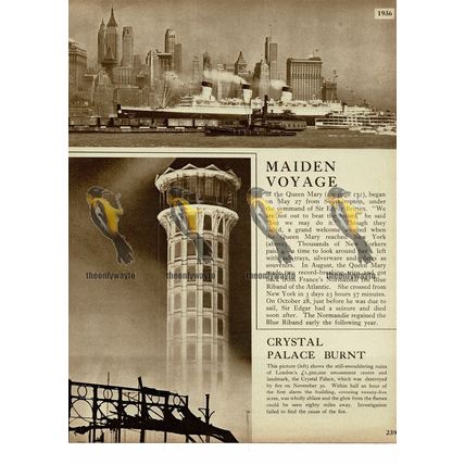 Queen Mary, Maiden Voyage & Crystal Palace Destroyed, 1936, Book Illustration