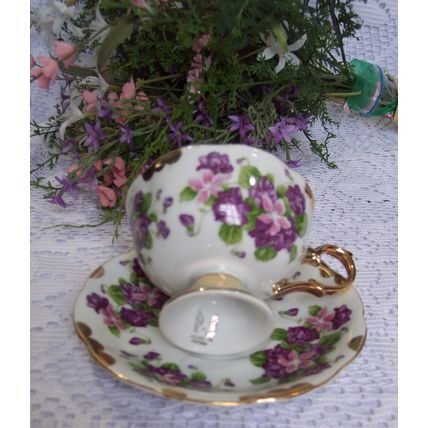 Purple Violets Footed Teacup & Saucer Made in Japan Iridescent Cup Gold Gilded