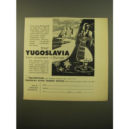 1961 Yugoslav State Tourist Office Ad - Tour Yugoslavia from anywhere in Europe
