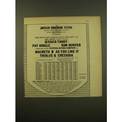 1961 American Shakespeare Festival Advertisement - 1961 Reperatory Season