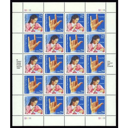 American Sign Language Sheet of Twenty 29 Cent Postage Stamps Scott 2783-84