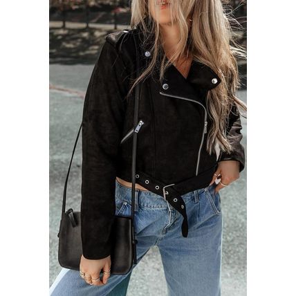 Black Asymmetric Zipper Belted Hem Jacket