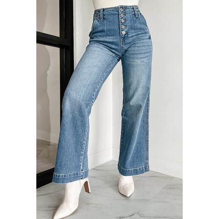 Dusk Blue Multi Buttons Medium Wash Straight Loose Leg Jeans