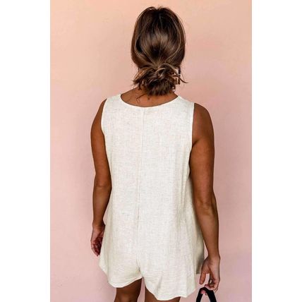 Beige Sleeveless V Neck Buttoned Front Chest Pocket Romper