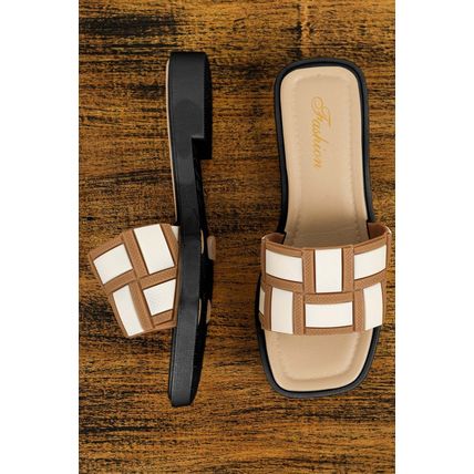 Beige Two Tone Contrast PU Leather Square Toe Slippers