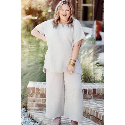 Beige Plus Size Textured Collared Top and Pants Set