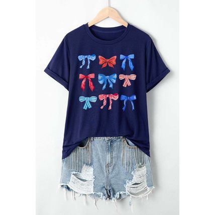 Blue Diverse Bowknot Print Independent Day Graphic Tee