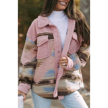 Pink Western Aztec Print Sherpa Splicing Buttoned Flap Pocket Coat