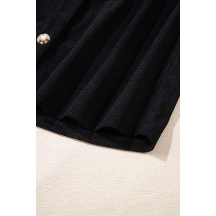 Black Hooded Drawstring Pockets Corduroy Shacket