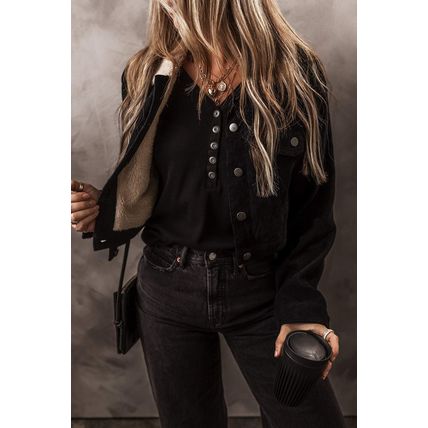 Black Fleece Lined Button-up Collared Corduroy Crop Jacket