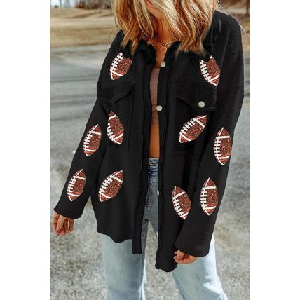 Black Sequined Rugby Flap Pockets Buttoned Shacket