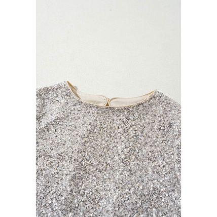 Silvery Sequin Puff Sleeve Cutout Back Blouse