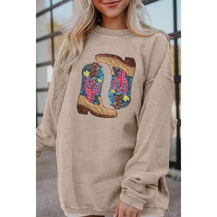 Smoke Gray Western Cowboy Boots Graphic Corded Loose Sweatshirt