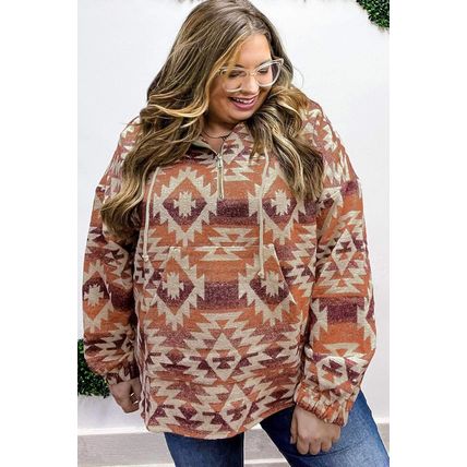 Red Plus Size Western Fashion Aztec Patterned Half Zip High Neck Hoodie