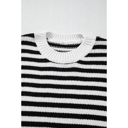 Black white Striped Drop Shoulder Bishop Sleeve Knit Sweater